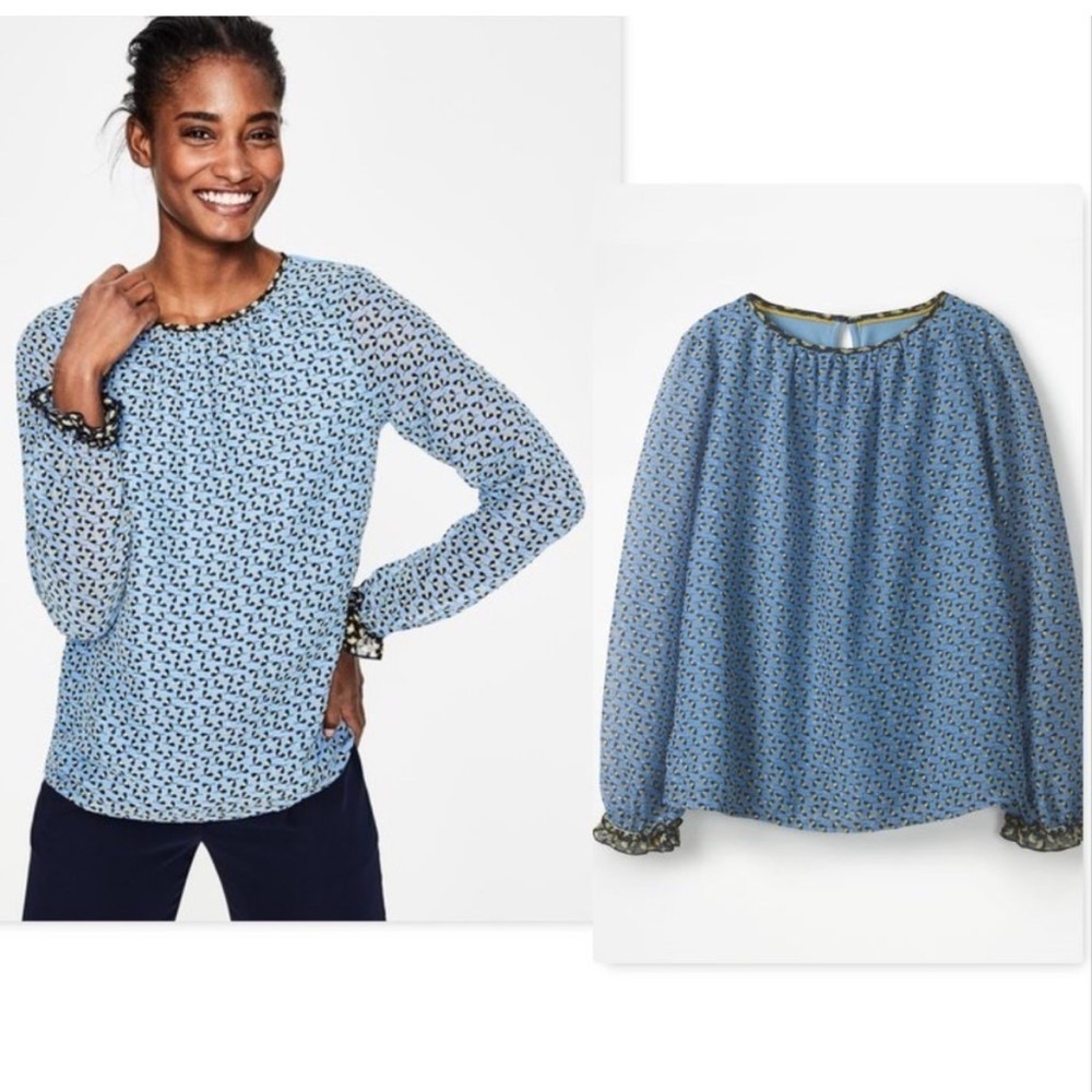 Boden Blue Floral Long sleeve Chiffon Ruffle Blouse Size 2